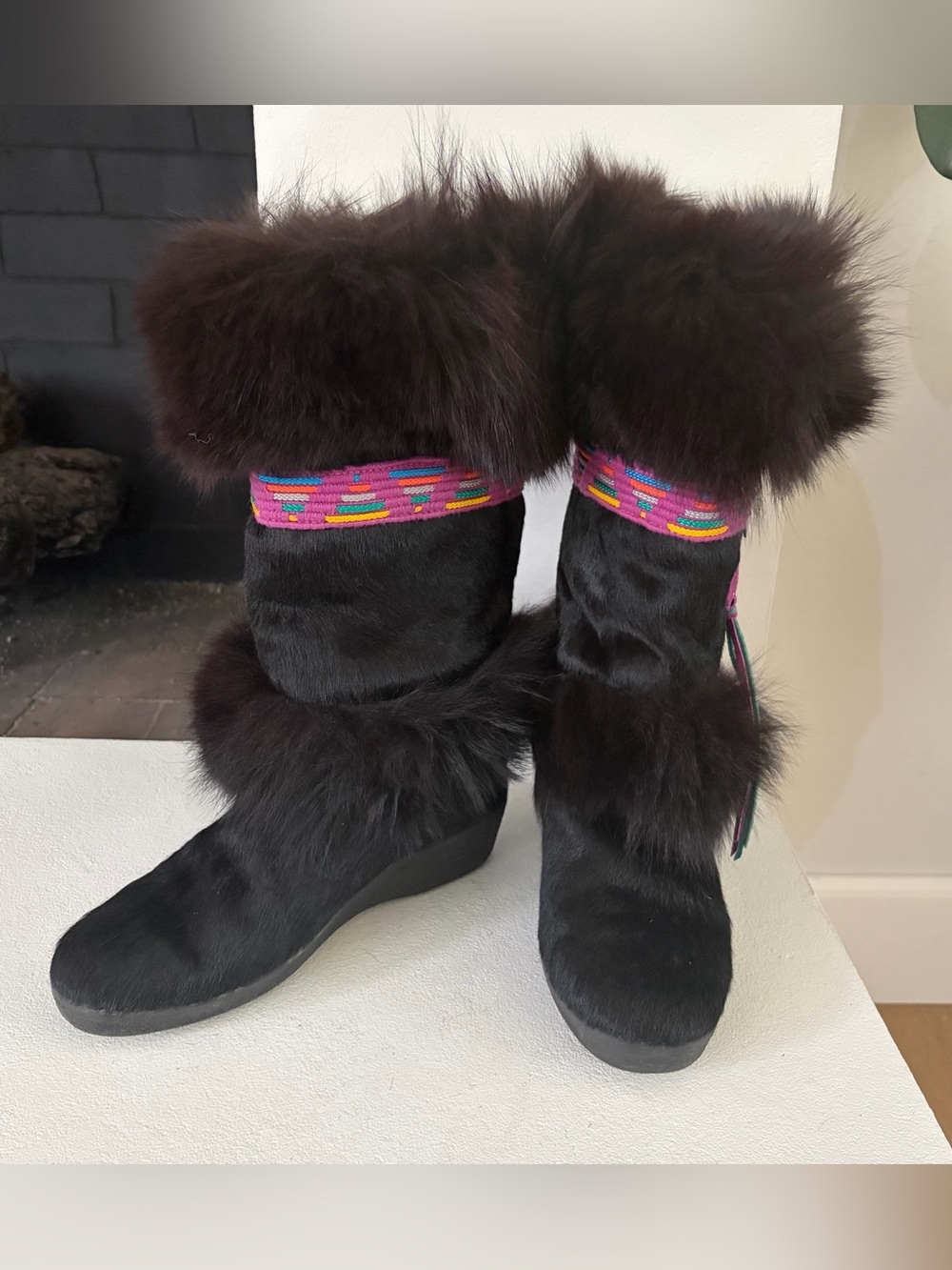 Vtg Tecnica Real Fur Snow Boots W Black Italy Apres Ski Winter Wedge Sz 9/9.5